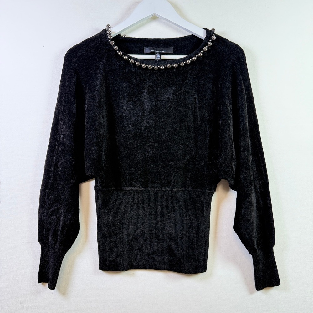 WHITE‎ HOUSE BLACK MARKET Black Beaded Neck Chenille Pullover Sweater XS